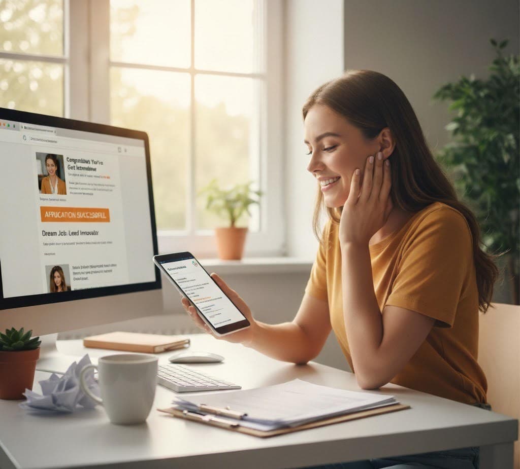 Professional woman celebrating job success with AI resume optimization